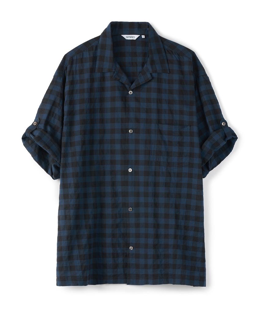 PARTIMENTO Buffalo Check Roll-Up Open Collar Shirt Navy