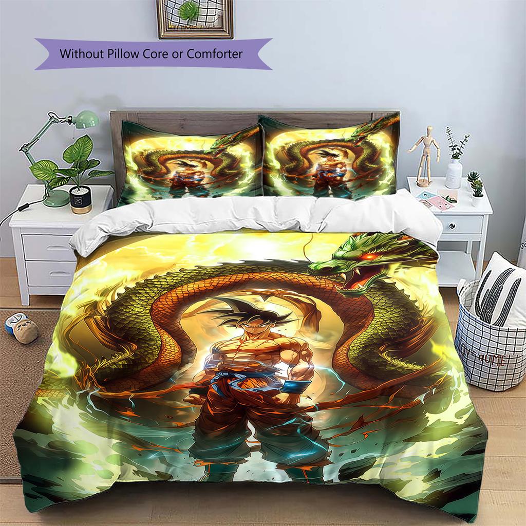 Son Goku Pattern Bedding,Quilt Set Quilt Cover Pillowcase Home Birthday Gift (1 * Duvet Cover + 2 * Pillowcase, Without Core)