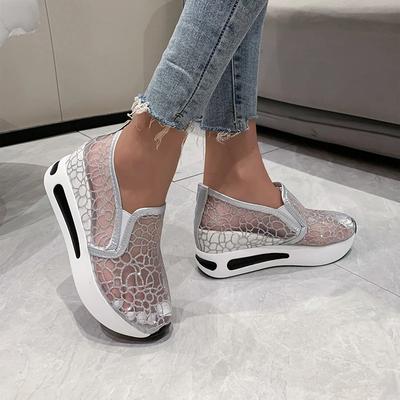 Mode Dam Mesh Plataforma Mujer Ny Trendig Tjockbottnad Kileklack Andningsbar Slip-on Vardagliga och Bekväma Sneakers