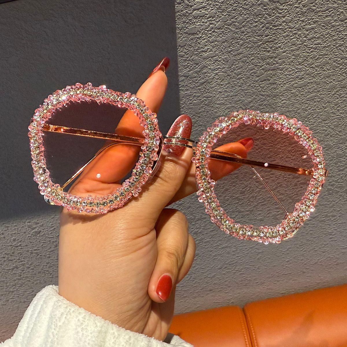 

Bling Full Rhinestone Polygon Half-rim Sunglasses for Women Multicolor Lenses Trendy Summer Shades lunettes de soleil femme розовый