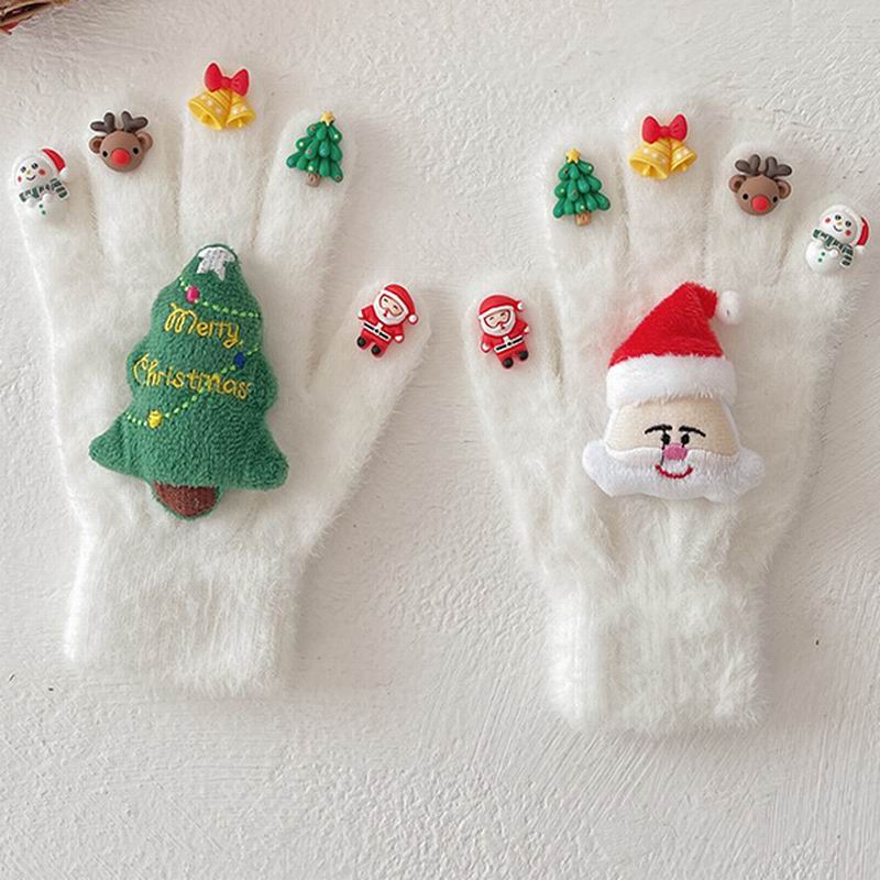 

Merry Christmas Gloves 2025 Winter Warm Gloves Plush Cartoon Snowman Xmas Tree Elk Decoration Outdoor Five Finger Gloves білий