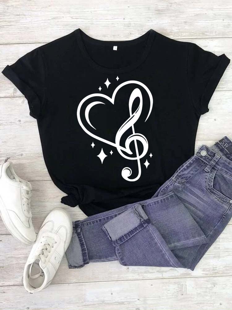Fashion Women T Shirt Musical Note Printed T Shirt Casual Black Tops 90s Ladies Girls Tee Shirt Female Harajuku Graphic T-shirt