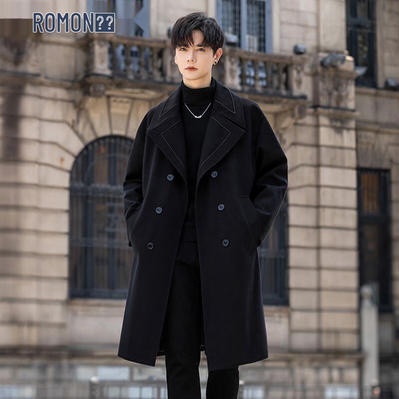 ROMON Men's Mid-Length Wool Blend Business Trench Coat