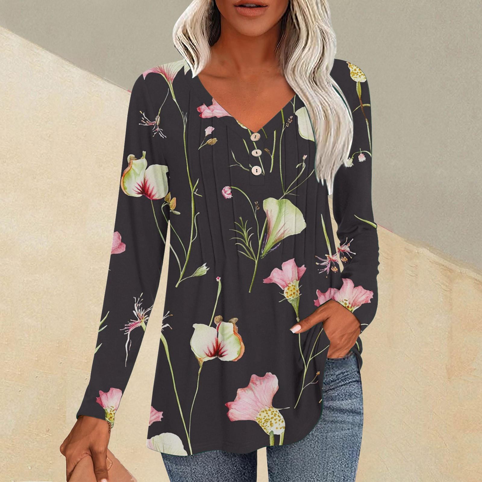 

Женская модная повседневная плиссированная футболка с V-образным вырезом и растительным принтом, длинный рукав XL небесно-голубой