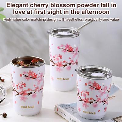 Thermobecher aus Edelstahl mit Kirschblüten-Deckel, doppelwandig, auslaufsicher, für Kaffee, Wasser, Reisen, Camping, Teebecher, Trinkgeschirr