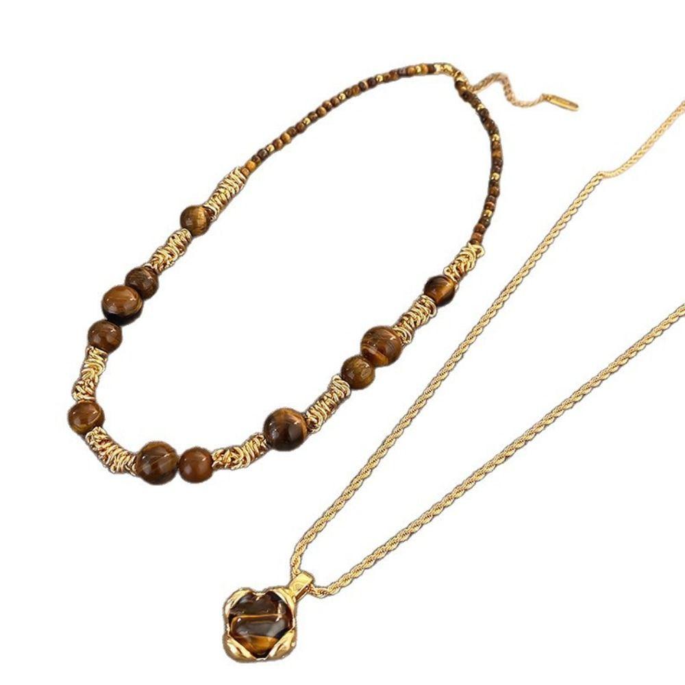 Retro Tiger Eye Stone Necklace Maillard Chain Choker Pearl Beaded Necklaces  Cloth Accessories