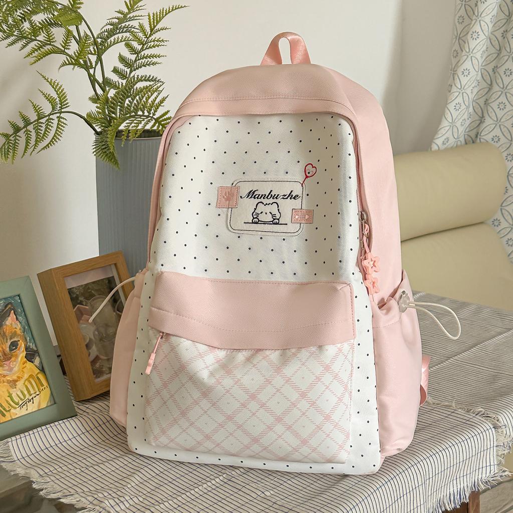 Schoolbag Japanese Contrasting Color Plaid Large Capacity Backpack Cute Bow Pendant Backpack Clock In Photo High Value Schoolbag