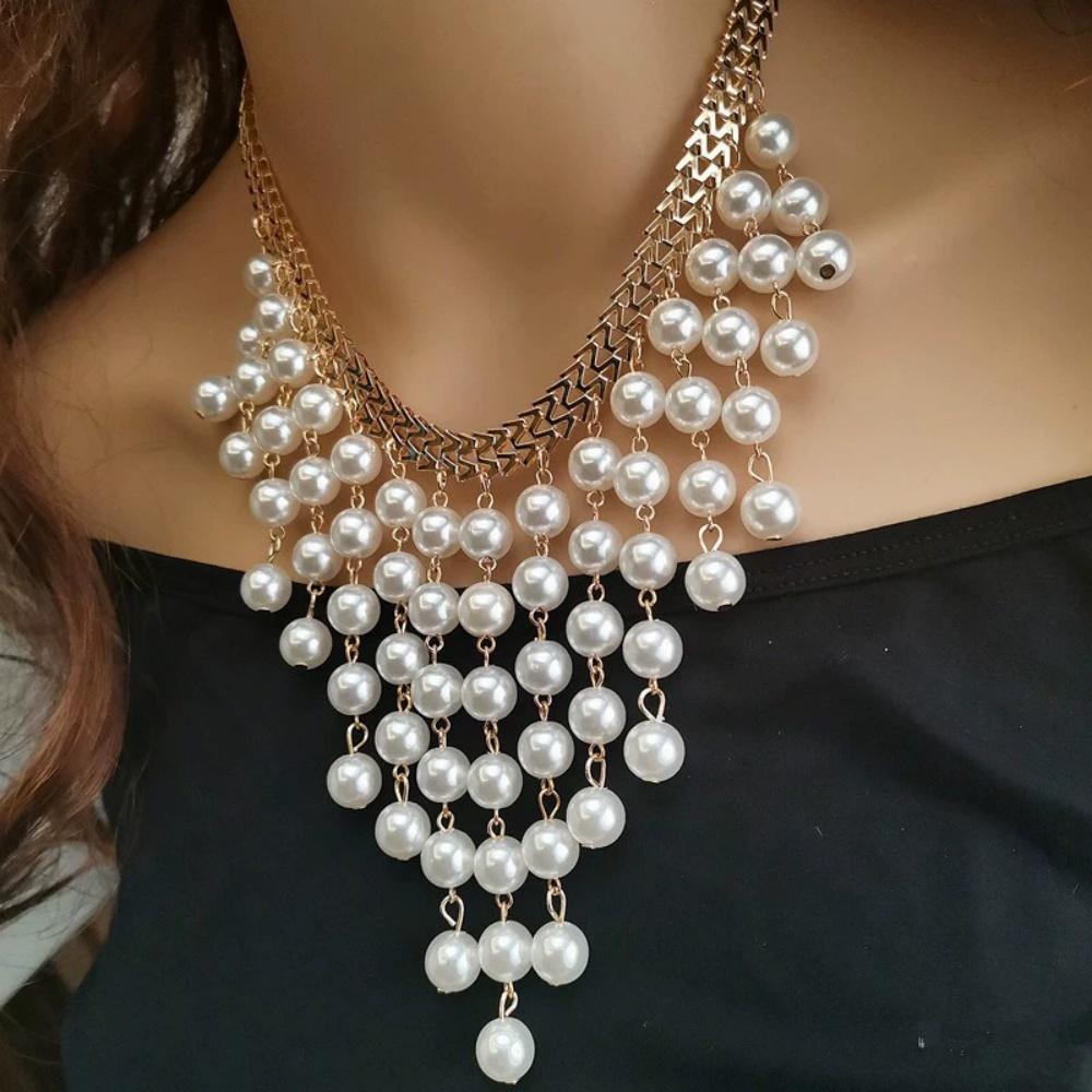 New Geometric Multi-layer Long Simulated-pearl Tassel Necklace For Women Trendy Fashionable Versatile Exaggerated Party Jewelry