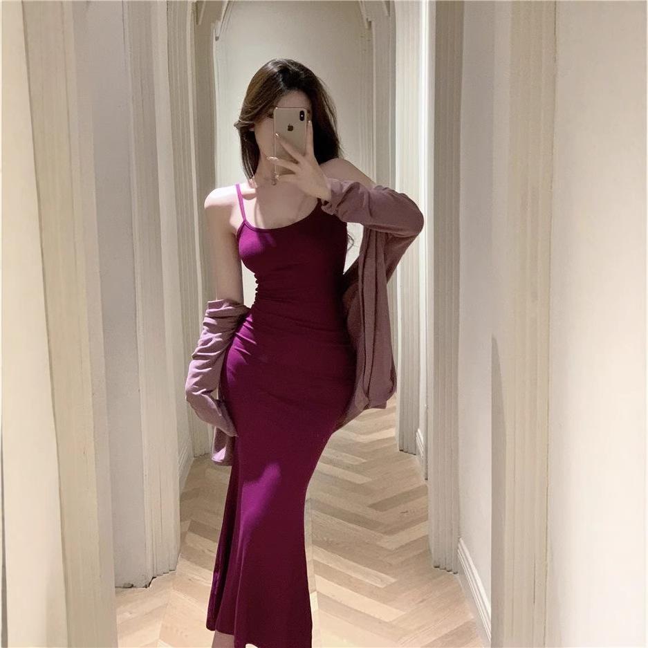 Pure desire wind sexy seaside suspender dress women's summer beautiful sleeveless waist thin fishtail hip wrap medium and long dress
