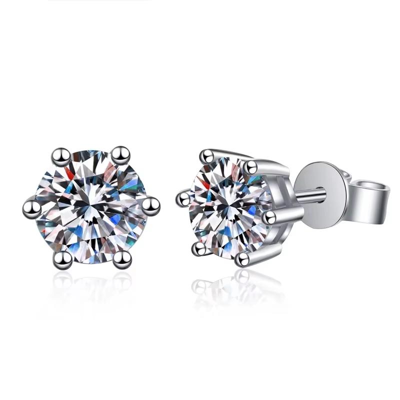 KNOBSPIN Moissanite Stud Earrings 14K White Gold Plated Silver D VVS1 Lab Diamond 6 Claws Round Ear Studs For Women