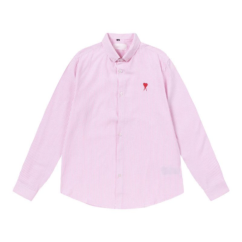 

AMI CLAMS Унисекс Хлопковая Рубашка в Клетку и Полоску с Маленькой Вышивкой Сердечка, Отложным Воротником, Длинным Рукавом. S