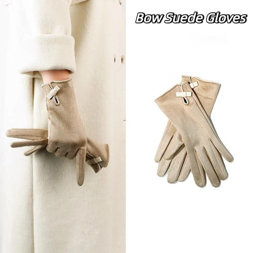 Soft Pu Leather Gloves Velvet Women Cycling Mittens Skiing Winter Bow Suede Gloves  Outdoor