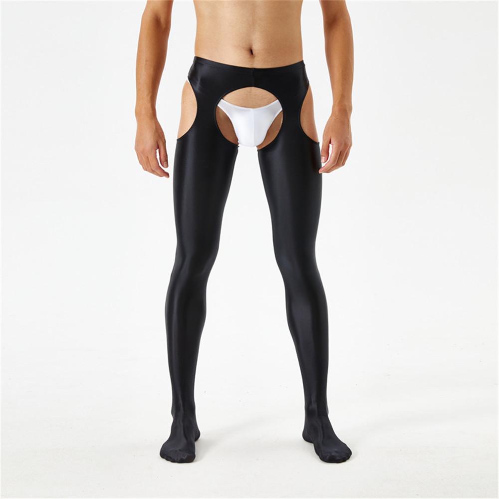 Sexy Men Candy Color Shiny Pencil Pants Sheer See Through Sexy Tight Smooth Elastic Fitness Hollow Out Gym Pants Open Crotch