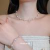 Round Diamond Pearl Jewelry Set: Beaded Stud Earrings, Bracelet, Necklace & Clavicle Chain with Niche Design, Fashionable & Chic.