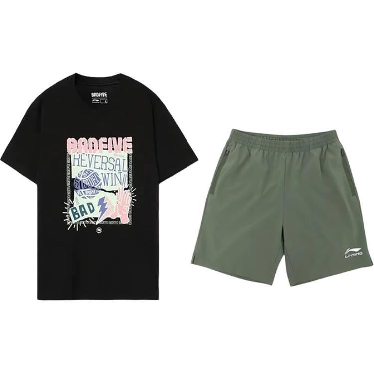 

Li Ning Футболка с принтом на баскетбольную тематику, модная, универсальная, с круглым вырезом, с коротким рукавом, повседневный спортивный комплект, унисекс, топы AHSU979-1+YKSV147-1 S