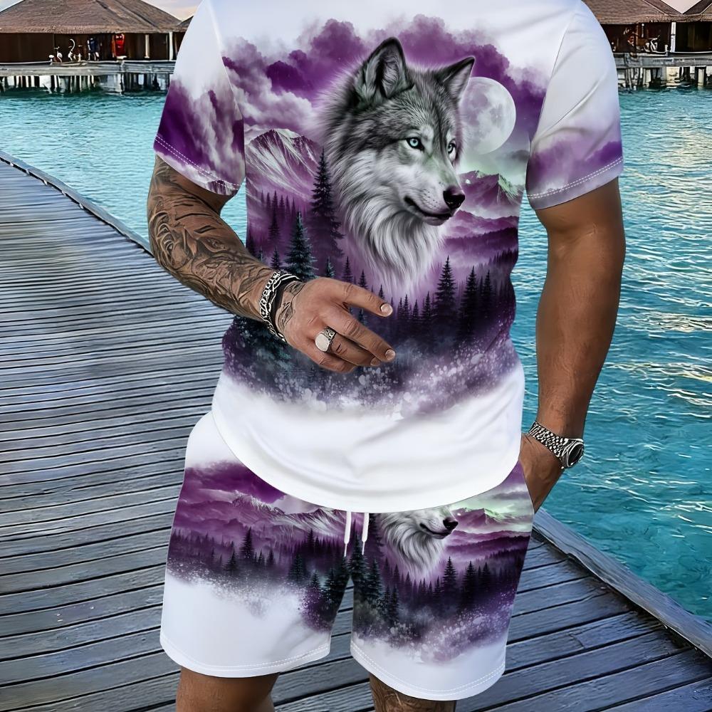 Men s Wolf Pattern Printed T-shirt and Shorts Set Summer Casual Sports 2pcs S