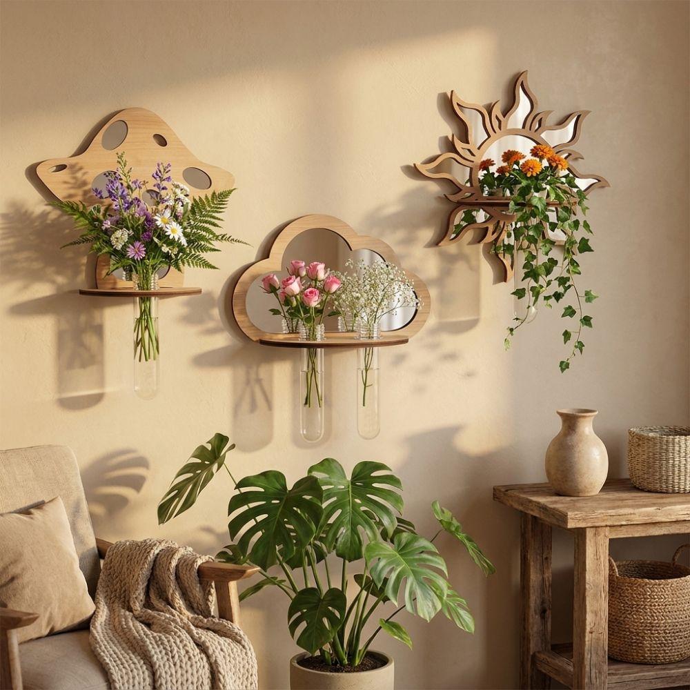 Mushroom House Wood Wall Mount Flower Shelf Mirror Hanging Plant Panel Balcony Decor