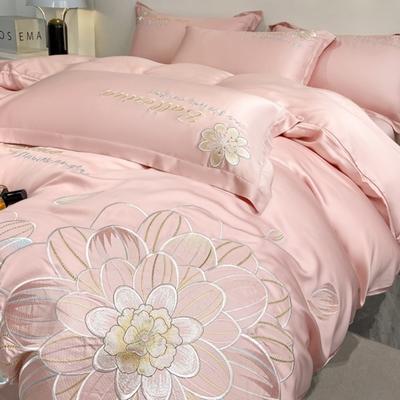 Summer Light Luxury Ice Silk 4 peças lavável à máquina, sedoso, suave, respirável, kit de cama doméstico, lençol bordado Jacquard