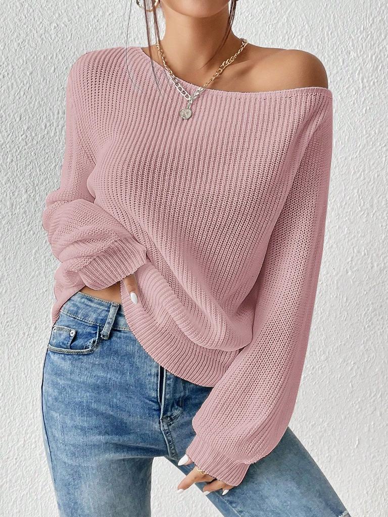 European and American style slanted shoulder one-word neck knitted sweater loose and lazy off-the-shoulder solid color long-sleeved sweater women
