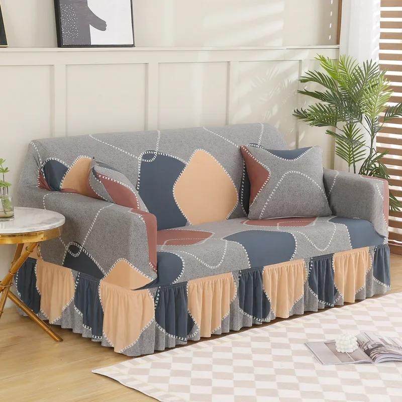 Capa de sofá elástica simples estilo saia inclusiva antiderrapante decoração de sala de estar capas de assento