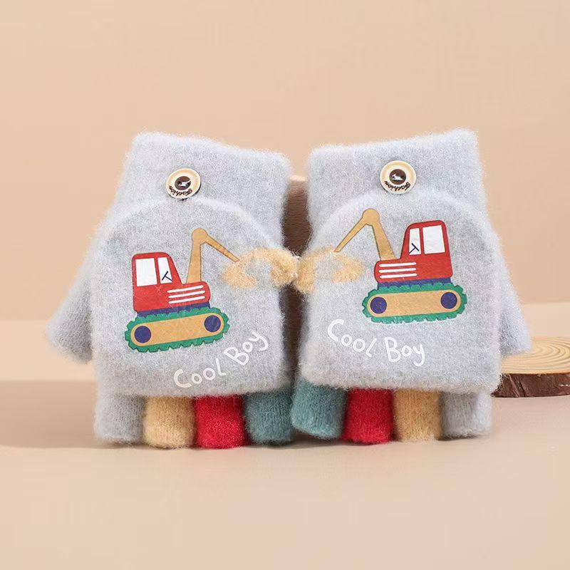 Herbst- und Winter-Kinderhandschuhe Cartoon Bagger Muster Bunte Halbhand Strickhandschuhe Warm und Kältefest Plüsch Klapphandschuhe