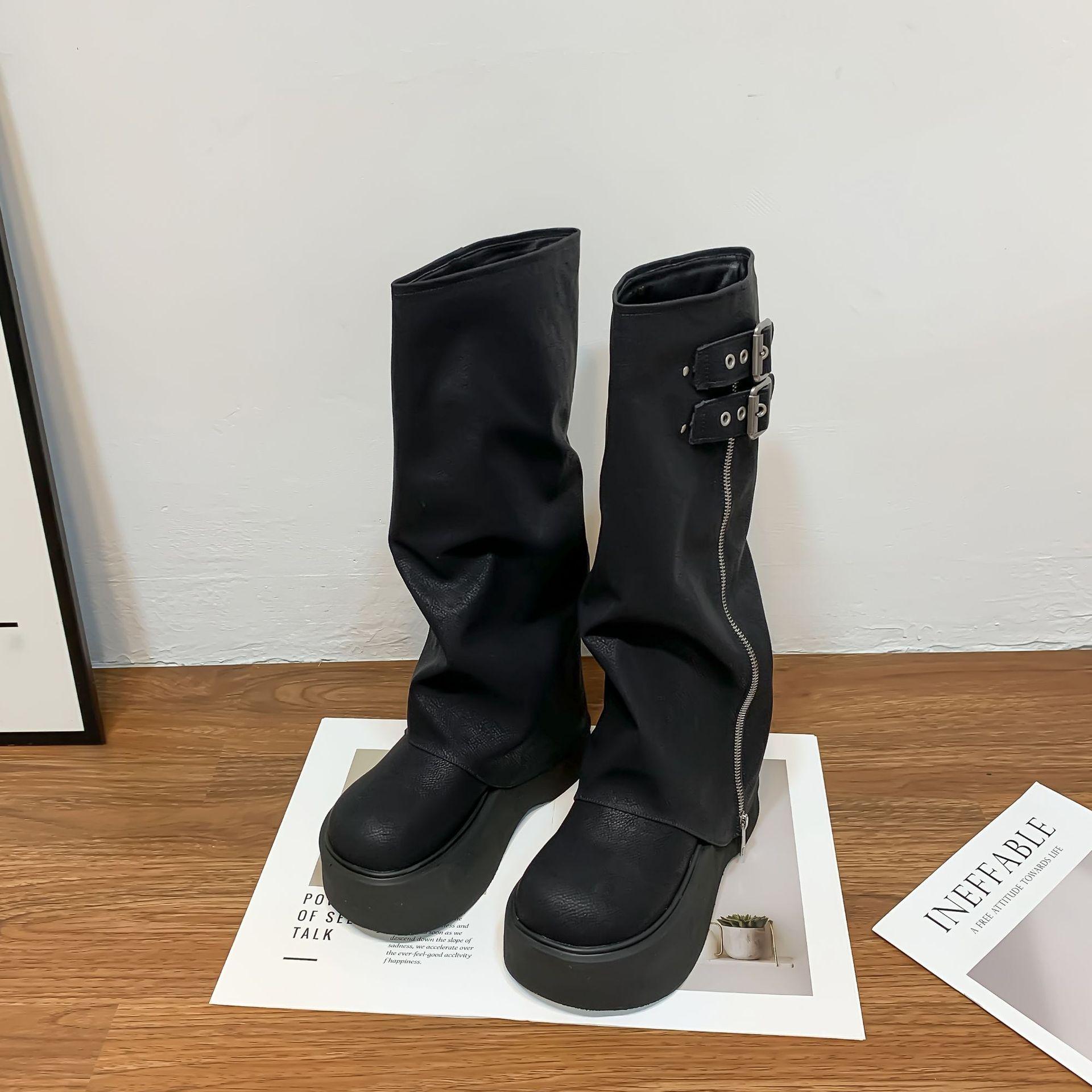 

2025 длинные сапоги-брюки боковая молния универсальные сапоги на платформе маленький человек толстая подошва увеличение роста тонкие женские сапоги корейская версия сапоги 40 чёрный