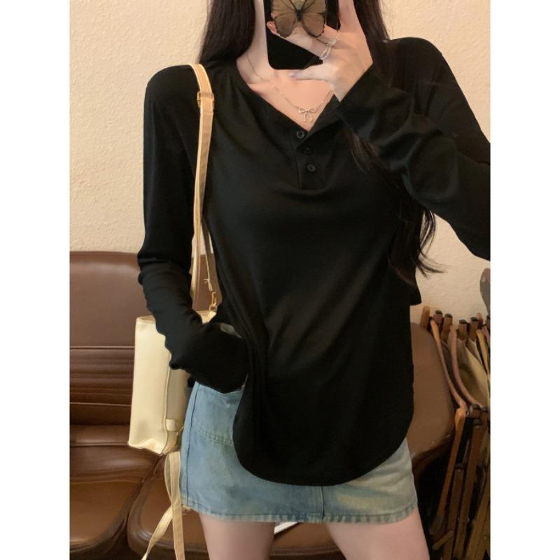 

Real shot cotton Hong Kong flavor long-sleeved T-shirt women s early autumn loose bottoming shirt outer wear inner collar top XL чёрный