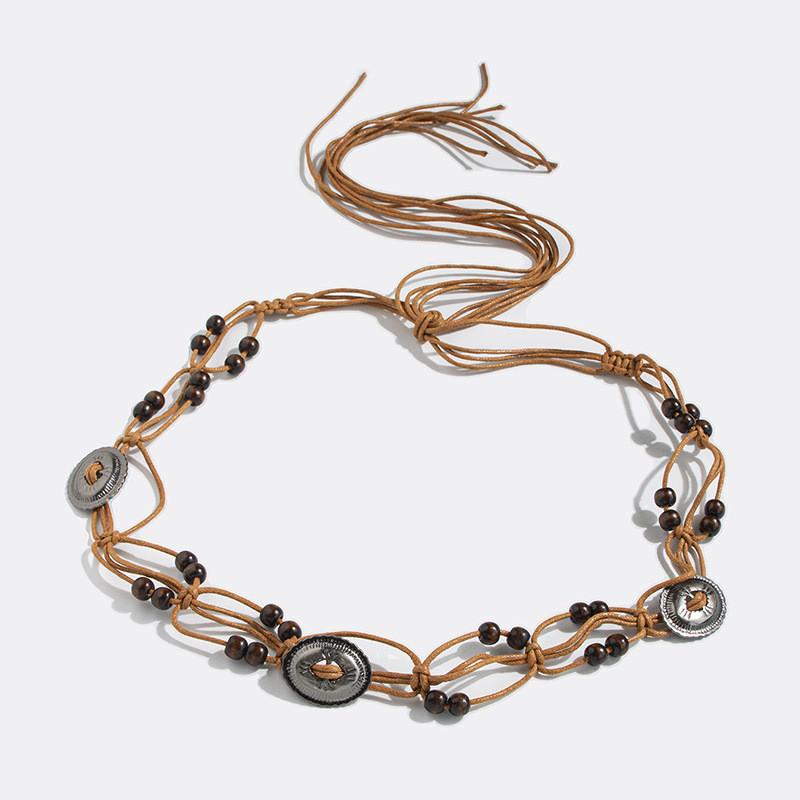 Bohemian Ethnic Style Waist Rope With Wooden Beads Handcrafted For Relaxed Summer Wear