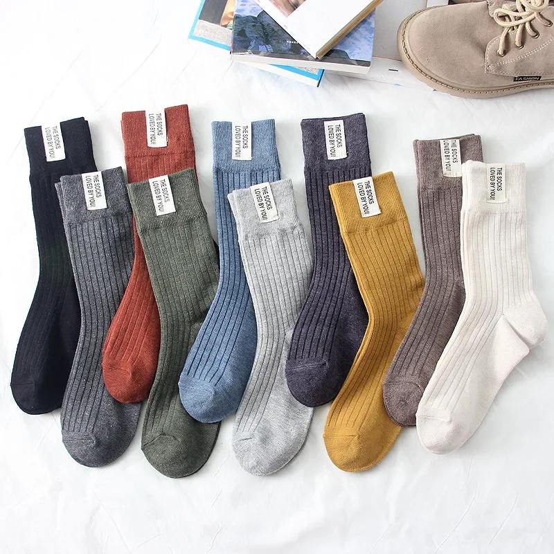 Cotton Knitting Women Socks Fashion Harajuku Retro Lady Girls Loose Long Socks Spring Autumn Solid Color Casual Soft High Socks