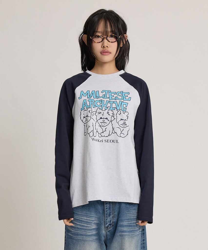 WAIKEI Maltese Archive Line Graphic Raglan Long Sleeve T-Shirt Melange White