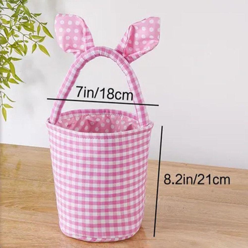 Grid Design Rabbit Ear Basket Breathable Material Plaid Pattern Easter Eggs Basket Bunny Ear Handle Moisture Resistant