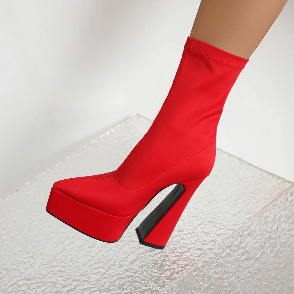 Q/Ghete scurte cu toc înalt pentru femei, sexy și la modă, cu platformă impermeabilă, cu toc gros, cizme scurte de mărime mare