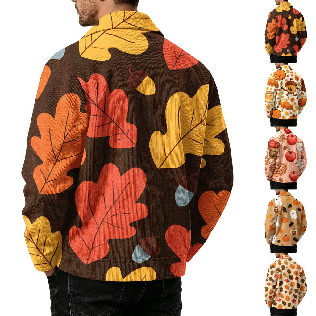 Men's Casual Corduroy Jacket with Pockets Zip-Up Long Sleeve Printed Outerwear for Fall