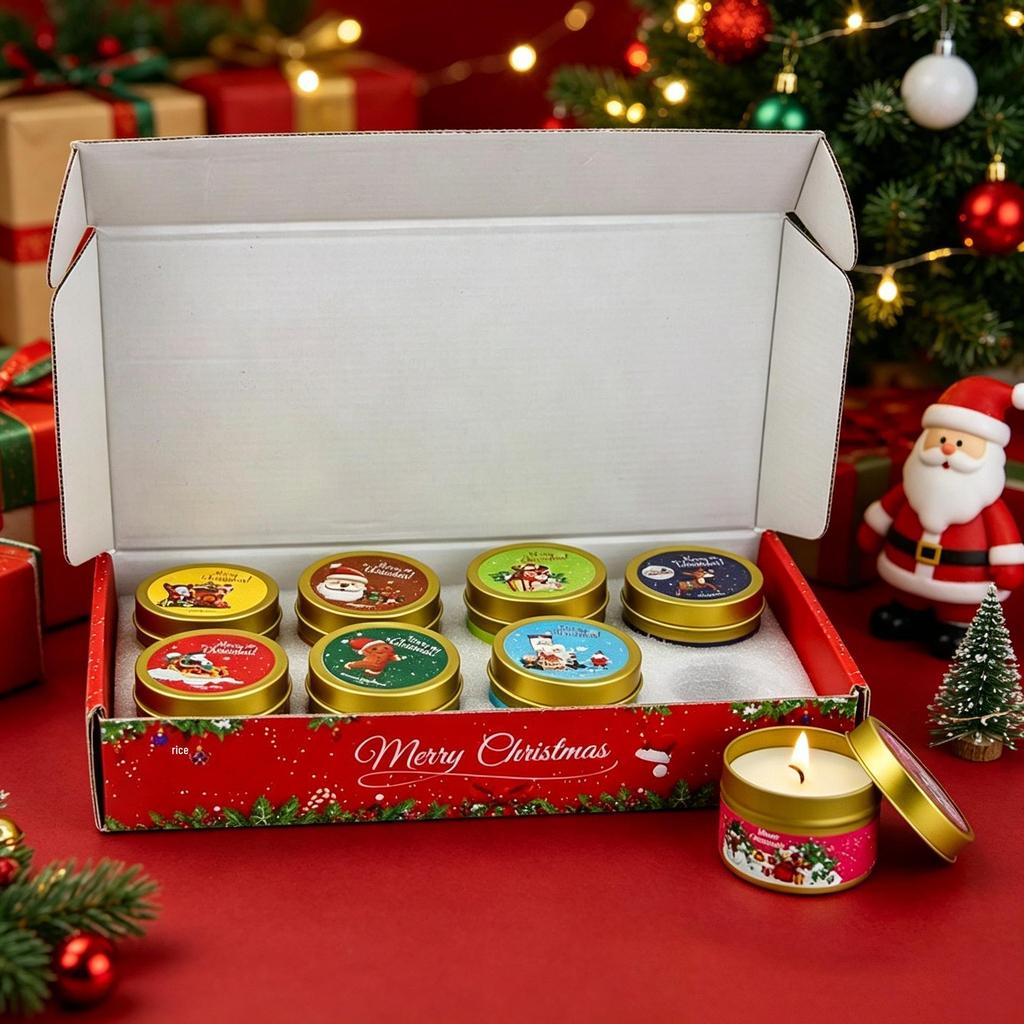 Christmas Edition Scented Candle Tin Set with Dried Flowers - Eight Soy Wax Essential Oil Candles