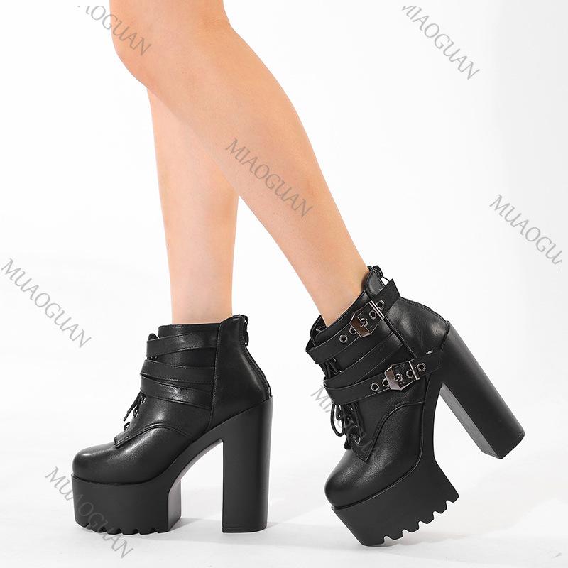 Fashion Gothic Boots Women's Solid Color High Heeled Buckle Strap Fashion Women Shoes Punk Style Thick Bottom Retro Lace-up Ankle Boots