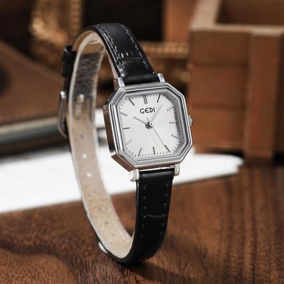 Einfache Retro-Polygoale Kleine Quadratische Zifferblatt Trendiges Temperament Wasserdicht Kleine Zifferblatt Echtes Leder Quarz Uhr