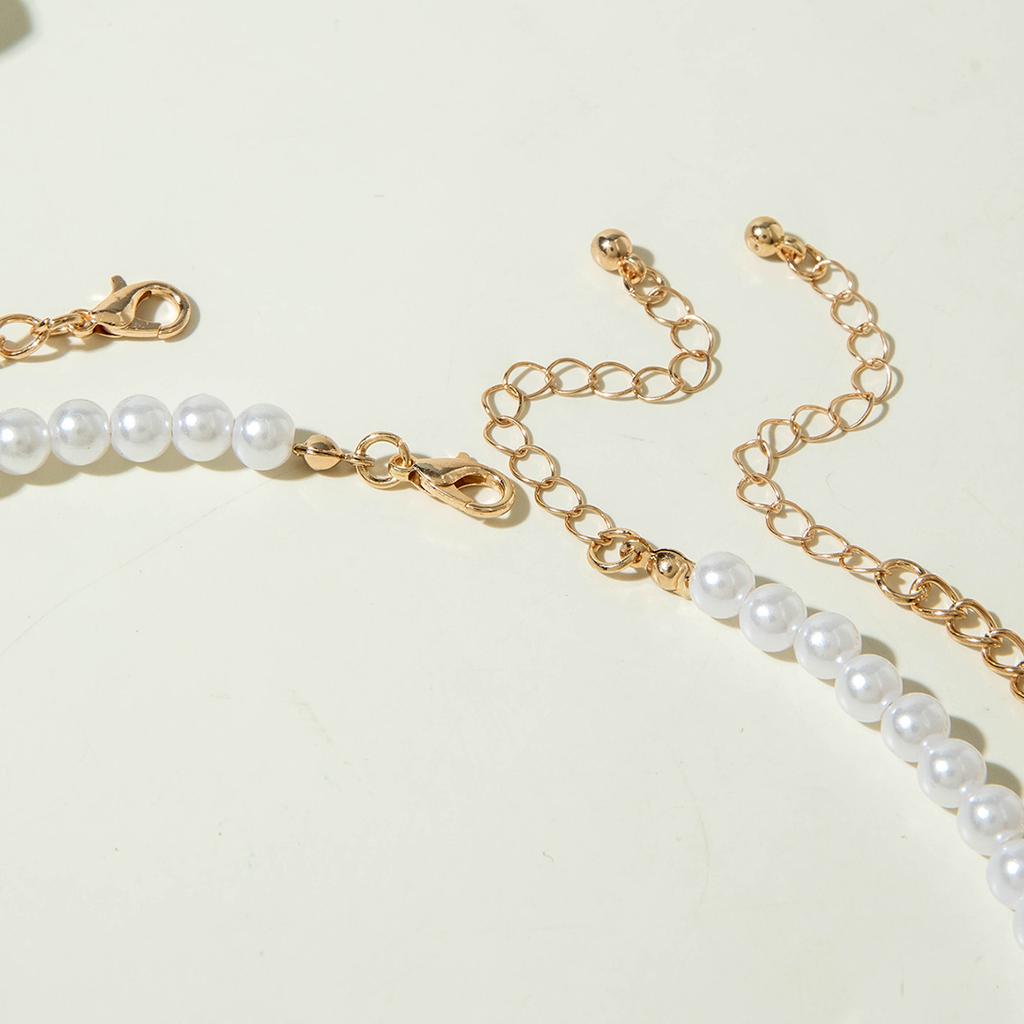 Accessories, Korean temperament double-layer stacked pearl necklace, simple alloy bow collarbone chain