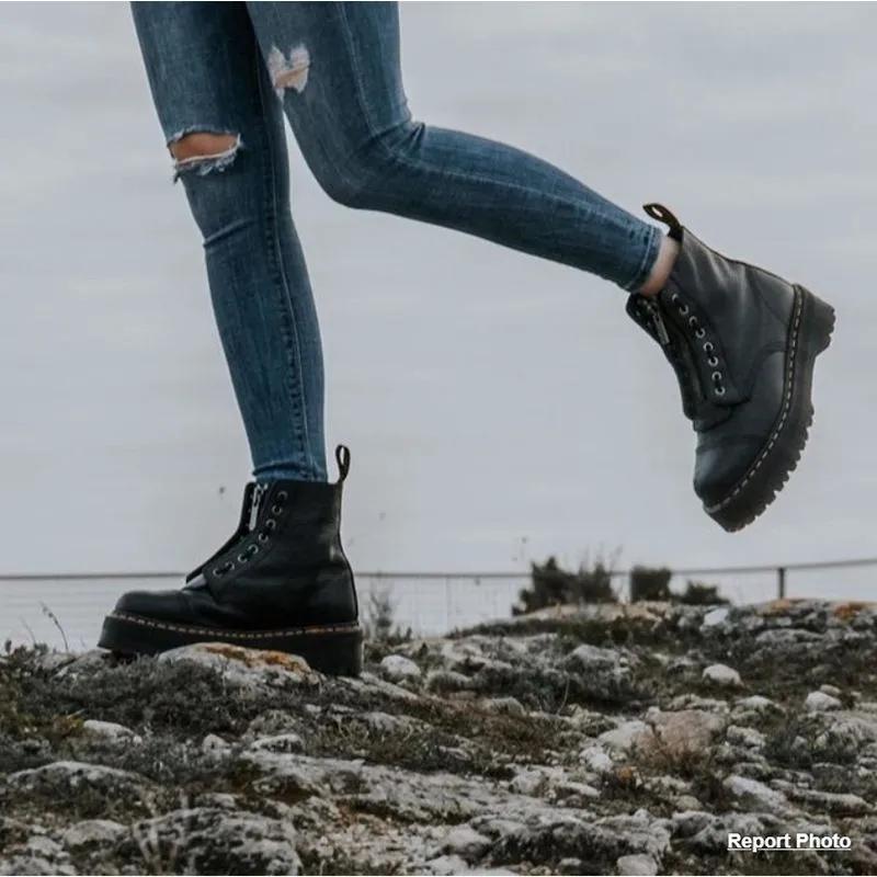 Motorradschuhe Damenstiefel Leder Plateau-Stiefel Reißverschluss vorne Dicke Sohlen Sexy Punk Winterstiefel