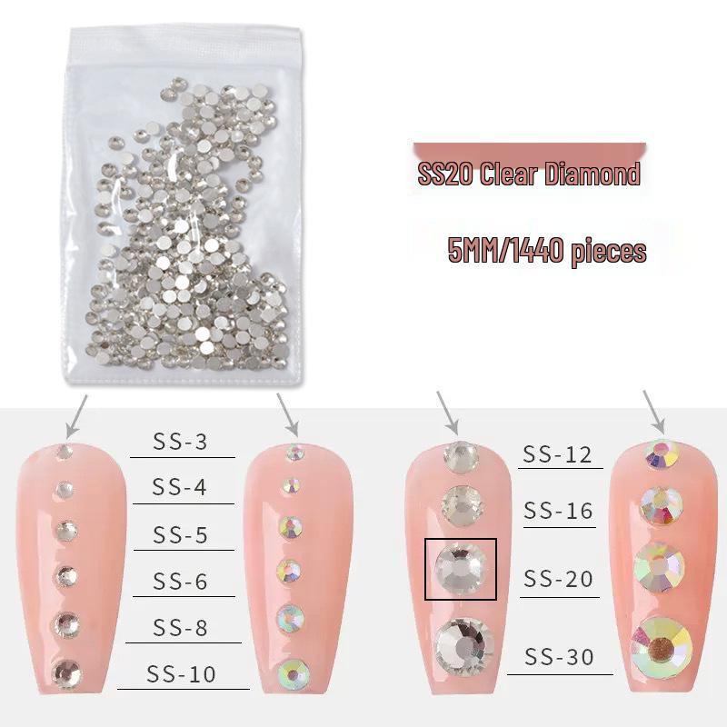 1440-Piece Nail Art Rhinestone Set: Clear, White, AB-Color, Flat-Back, Small & Large for Shiny Nail Decorations.