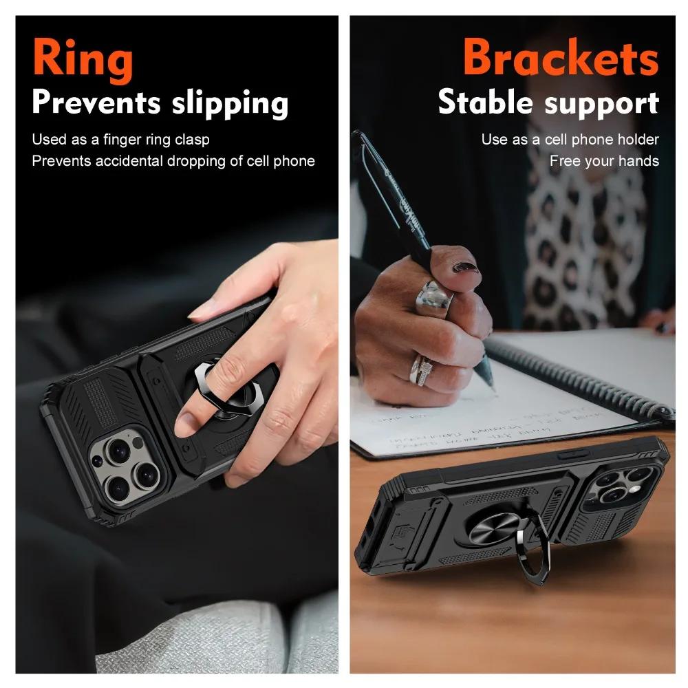 Phone Case For IPhone 13 14 15 16 Pro Max Plus Shockproof Heavy Duty Hard with Card Slot Magnetic Ring Holder Protective Cover