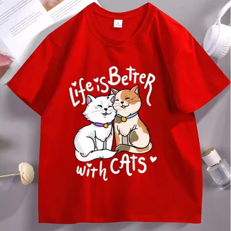 Life Is Better with Cats Graphic T Shirts Funny Valentines Day Cotton Short Sleeve Round Neck Tshirts Streetwear Loose Tops