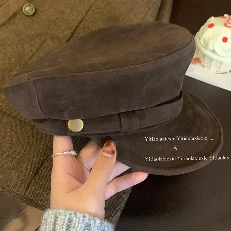 Autumn atmosphere Maillard~ Brown suede flat-topped newsboy hat for women's autumn and winter retro British octagonal beret