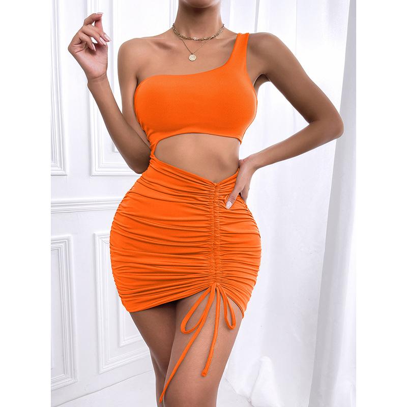 Women Summer Casua Single Shoulder Backless Drawstring Hollow Solid Color Party Dress