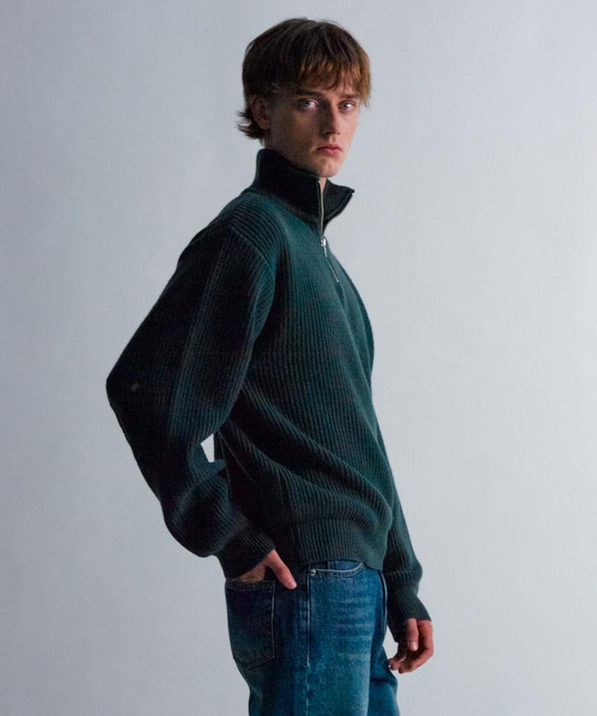 MOONSUN Essential_Unisex Mss Argyle Hole Half Zip Up Knit [Dark Green]