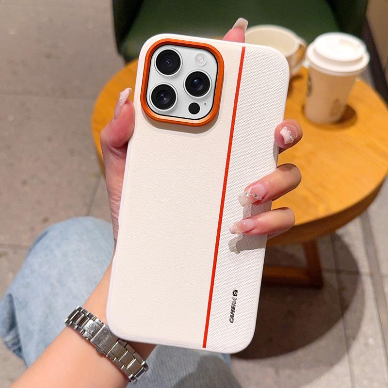 For iPhone 16 Pro Case Splicing PC+PU Leather Phone Back Cover with Metal Lens Ring/Buttons