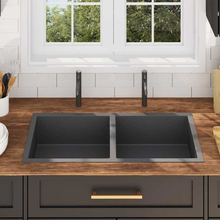 Évier de cuisine - VIDAXL - Rectangulaire - 2 bacs - Inox noir - Design contemporain