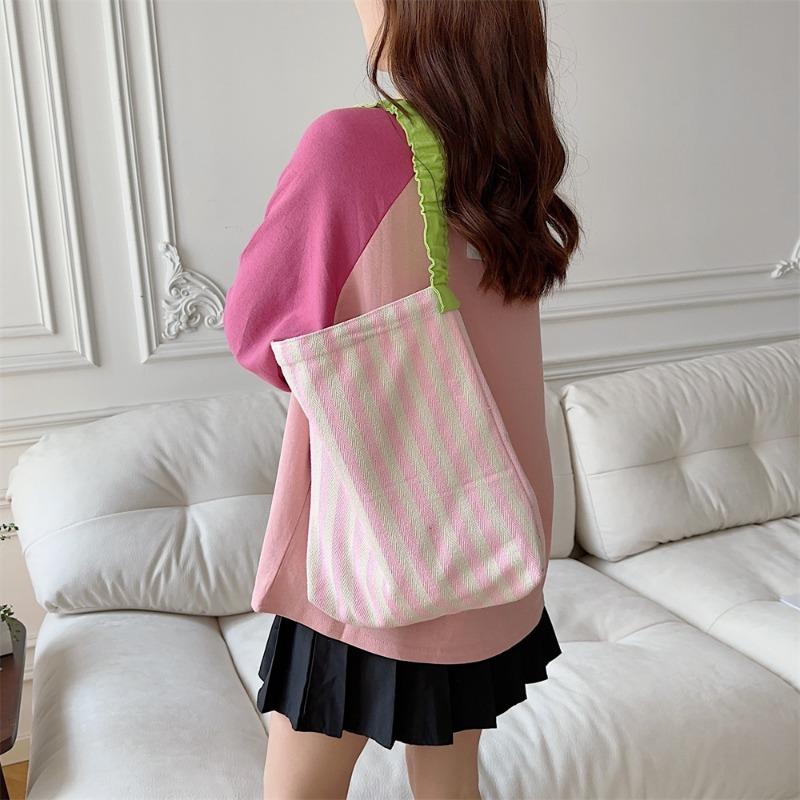 1 Summer Small Fresh Shoulder Canvas Bag New Contrasting Stripes Large Capacity Pleated Shoulder Strap Tote Bag