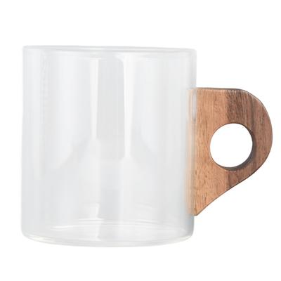 Kaffeebecher aus Glas Hitzebeständige Wasser Tasse mit Holzgriff für Zuhause Reisen Küche Restaurant