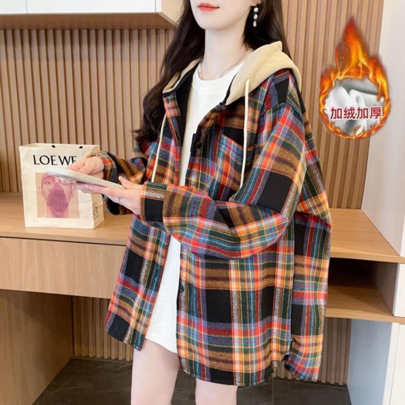 Autumn Winter Vintage Plaid Printing Patchwork Hooded Shirt Women Long Sleeve Loose Casual Cardigan Blouse Top