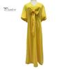 Summer Maxi Dress V Neck Lace-up Waist Bubble Sleeves Solid Color Loose Long Dress for Daily Life Date Work Party